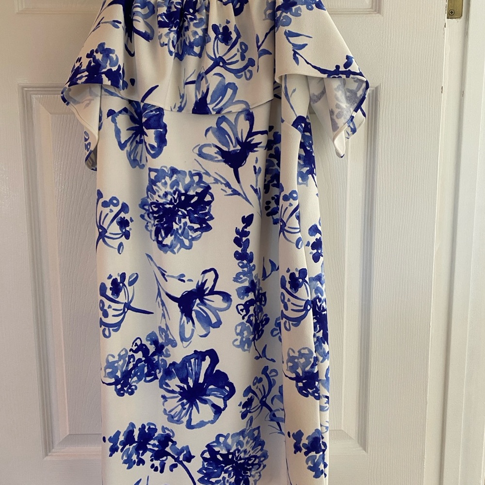 Lauren Ralph Lauren Blue and White Off Shoulder Dress